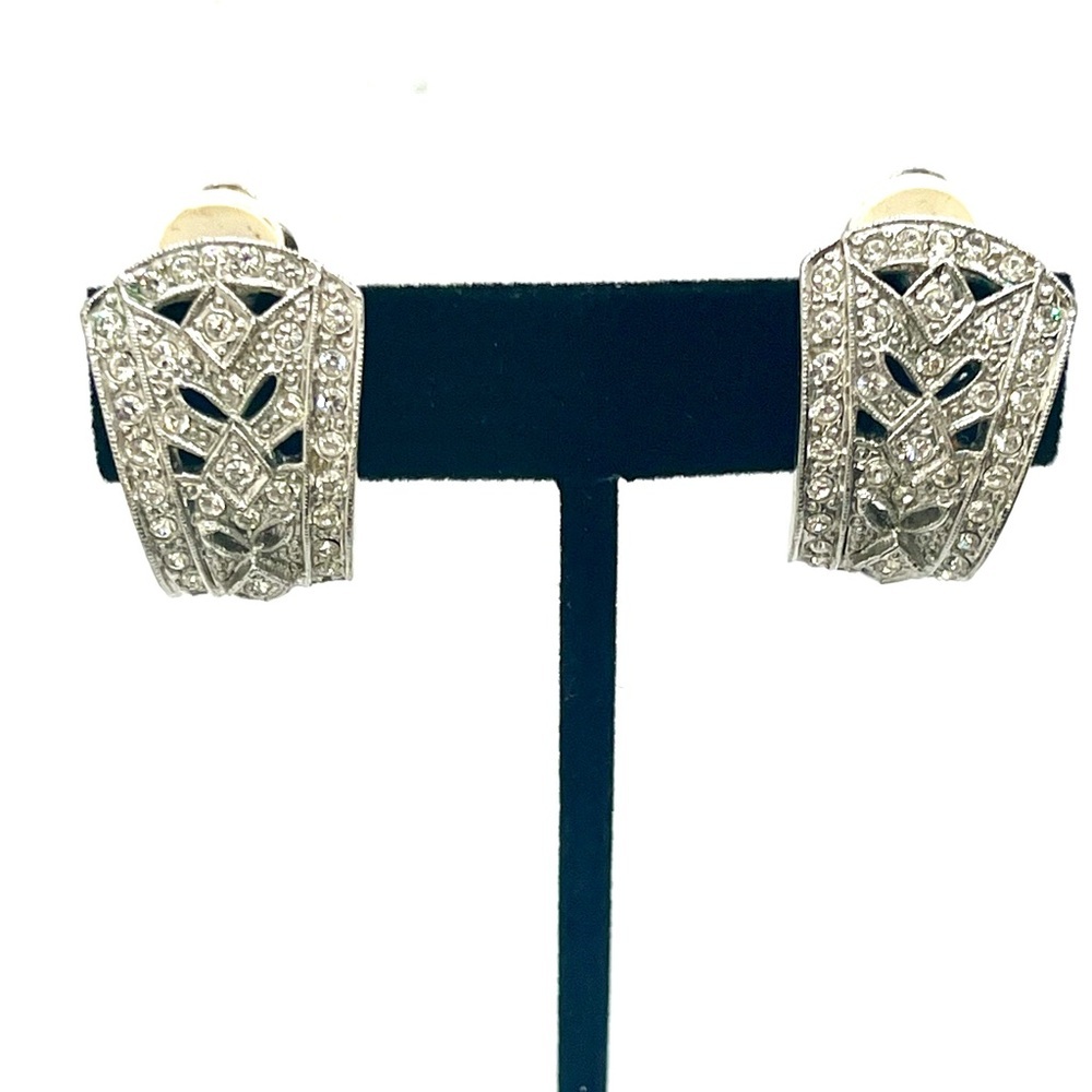 Vintage Silver Tone Rhinestone Art Deco Clip on Earrings